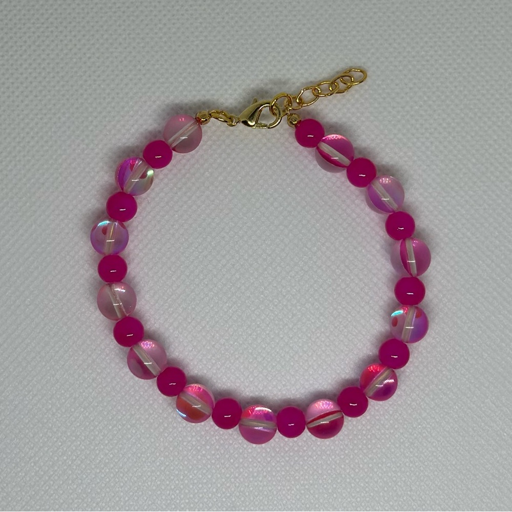 Handmade Gold Wire Bracelet with Pink Flash Beads